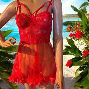 Elegant Red Lace Chemise with Strappy Design